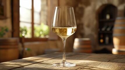 Obraz premium Elegant wine glass filled with crisp white wine resting on a rustic wooden table soft natural lighting fresh ambiance
