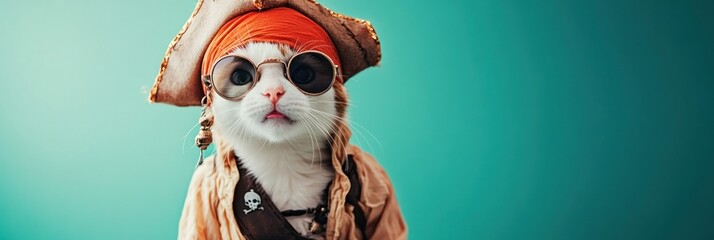 A cat dressed as a pirate, wearing sunglasses and a bandana, posing against a colorful background.