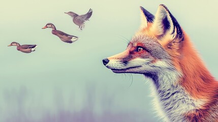 Obraz premium A fox gazes thoughtfully as ducks fly in the distance, highlighting nature's beauty and dynamics.