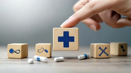 Health Insurance and Protection Concept with Medical Symbols and Wooden Blocks for Future Healthcare Management