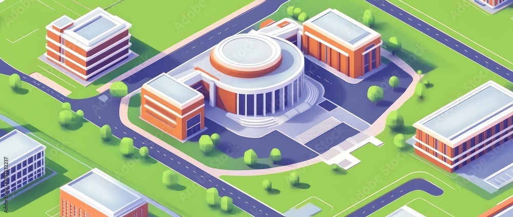 Poster a stylized aerial view of a campus featuring a central building and surrounding structures.