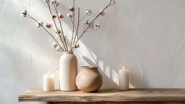 Modern living room with cotton flowers and candles on table, Scandinavian design, white background