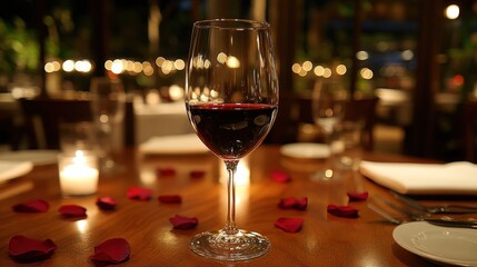 Romantic table setting featuring a glass of red wine glowing candle in the background romantic and intimate