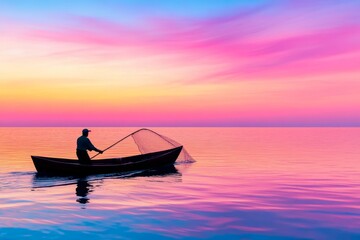 Obraz premium A serene shot of a lone fisherman casting a net in the calm waters of the Caspian Sea at dawn