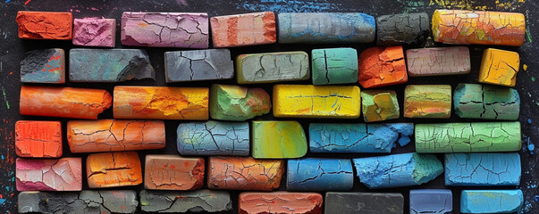 A retro black chalkboard filled with vibrant, broken pieces of chalk, capturing the contrast between the faded blackboard and the lively chalk colors in soft, diffuse lighting.