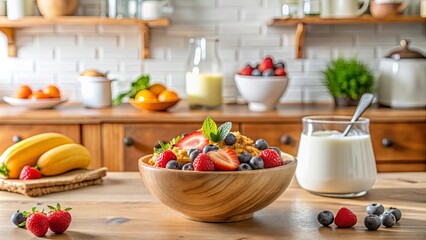 A healthy and delicious breakfast of oatmeal topped with fresh berries in a wooden bowl, served with a side of yogurt