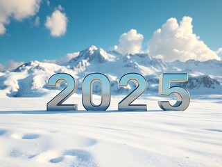 The word of 2025 from snow on the snow field with blue sky and mountain.