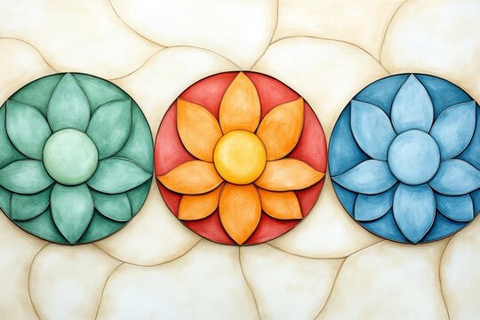 A simple representation of the three doshas with circular designs and soft pastel colors