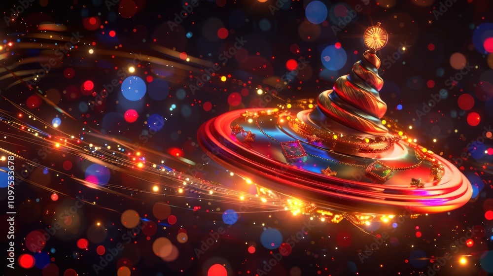 Poster abstract swirling christmas tree on a futuristic platform with bokeh lights.