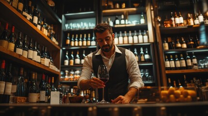 Bartender pouring red wine into a glass in a sophisticated wine bar backdrop shelves stocked with fine wines
