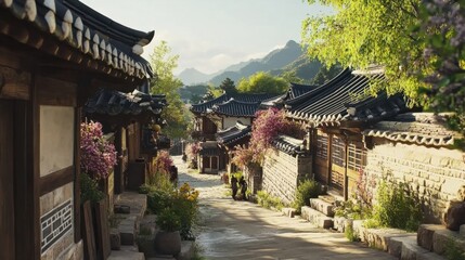 Obraz premium A serene vacation on a scenic street in Korea, with charming architecture and beautiful landscapes, offering a tranquil retreat in full HD studio-level clarity