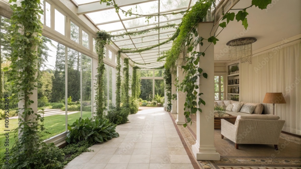 Poster Textural variety abounds as trailing vines weave around a supporting trellis introducing a dynamic element to the indoor garden that seamlessly connects with the bright airy