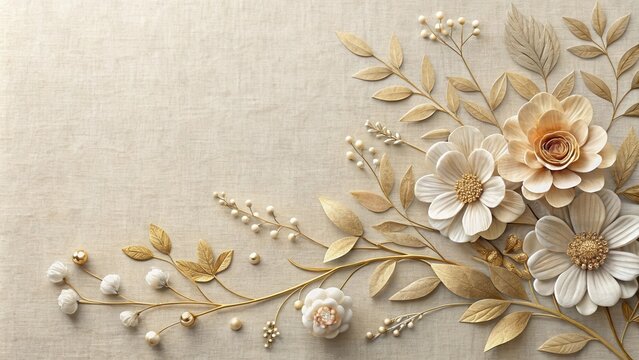 Elegant gold and ivory floral arrangement on textured beige background