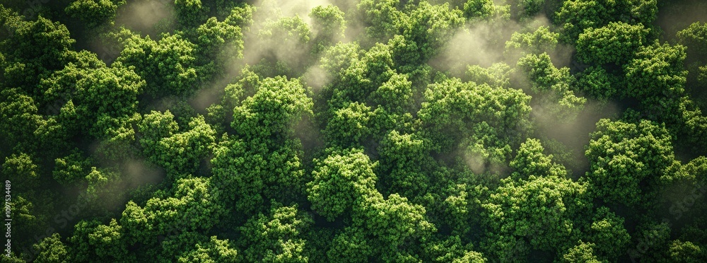 Poster aerial view of a lush green forest with mist or fog creating a mystical atmosphere. perfect for natu