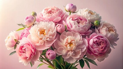 A breathtaking bouquet of delicate pink and creamy white peonies, showcasing their lush petals and vibrant blooms