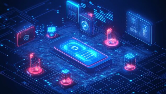 Futuristic High-Tech Interface Digital Illustration with Neon Colors and User Profiles