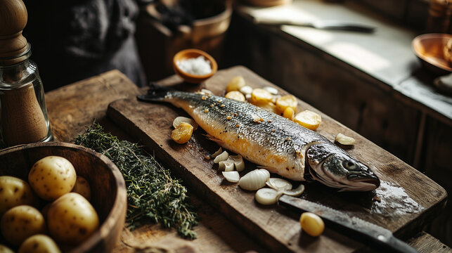 Whole Surstr&ouml;mming fish with potatoes and herbs on rustic table