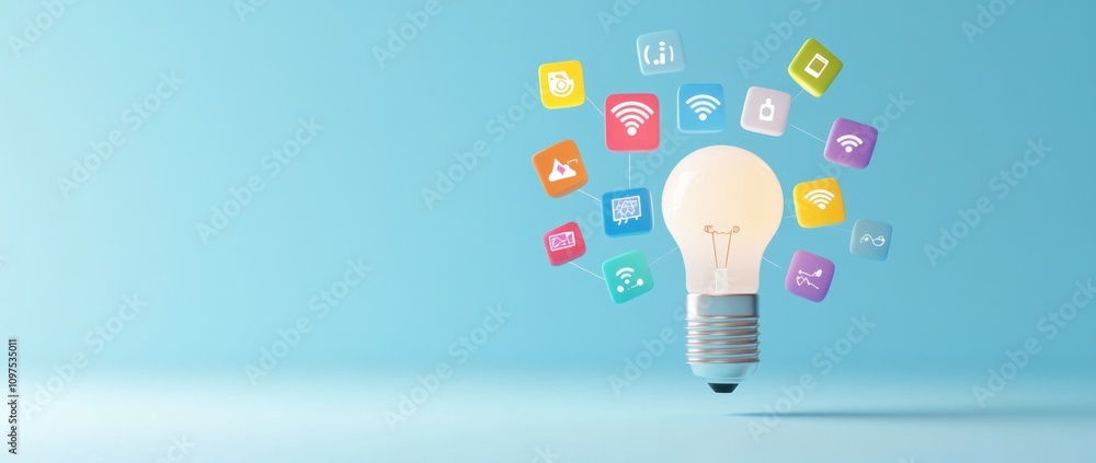 Aufkleber a light bulb surrounded by colorful icons representing various technological concepts.