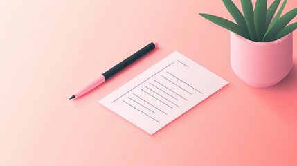 Pink pen, blank note, and green plant on a soft pink background.