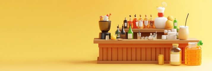 A colorful bar setup featuring various drinks and mixers on a wooden counter.
