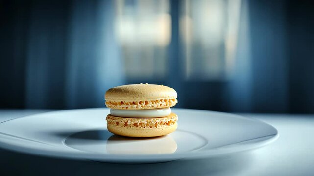 Delicious macaroon placed elegantly on a white plate with soft natural light illuminating the setting