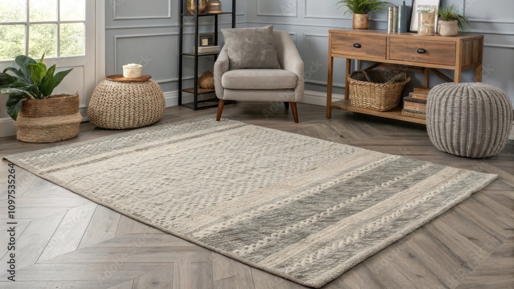 Poster the plush area rug woven with various shades of grey anchors the room while adding warmth underfoot 