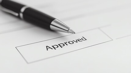 Approved stamp and pen on document, isolated on white background.