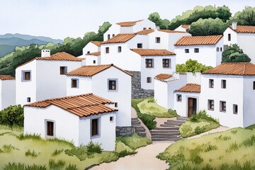 Obraz premium A watercolor depiction of an Azorean village nestled in green hills, with whitewashed houses and terracotta roofs