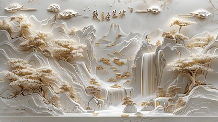 Elegant White Relief Wall with Golden Elements, Japanese Landscape, Mountains, Waterfall, Sakura