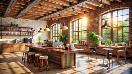 Fototapeta premium Sunlit Industrial Cafe Interior Design with Wooden Accents and Abundant Natural Light