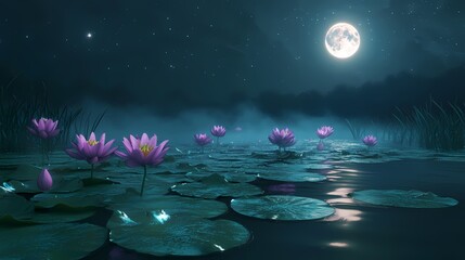 Purple water lily pond Moon outdoor landscape illustration poster background