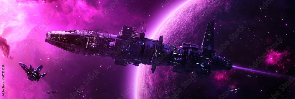 Poster a futuristic spaceship navigating through a vibrant, cosmic environment filled with colorful nebulae