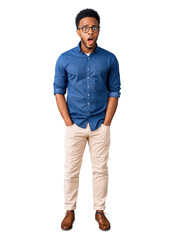 Young African-American man in glasses, surprised expression, casual wear, isolated on transparent background.