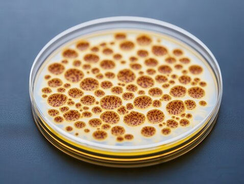 Closeup of bacterial colony growing in a petri dish, soft shadows, highlighting scientific research and discovery