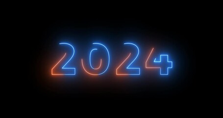2024 neon text new year celebration clip for cinematic intro outro 4K black bg. Glowing neon lines moving new beginning for growth, business. Goodbye 2024, year of learning Shimmering haze foggy style