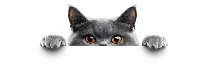 Fototapeta premium A curious gray cat peeks over a white surface, showcasing its expressive eyes and paws.