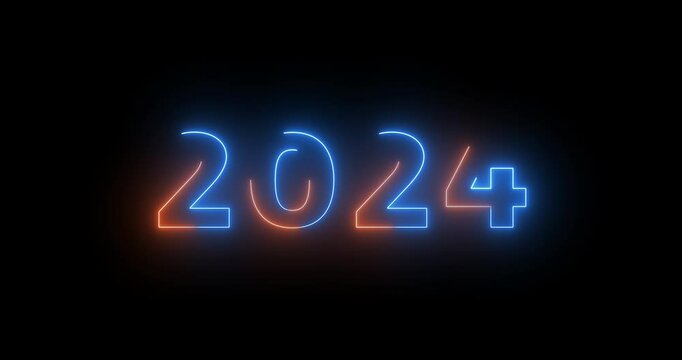 2024 neon text new year celebration clip for cinematic intro outro 4K black bg. Glowing neon lines moving new beginning for growth, business. Goodbye 2024, year of learning Shimmering haze foggy style