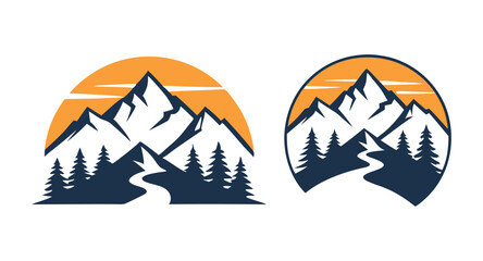 Mountain Logo Design Set with Sunset and Pine Trees