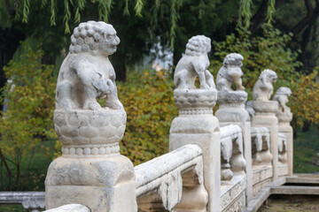 Stone lion sculptures on the bridge inside the Forbidden city,