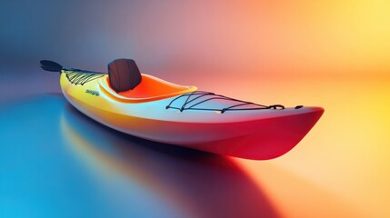 A vibrant kayak with a paddle placed neatly on a sleek studio background, emphasizing its colorful design and smooth texture under soft lighting.