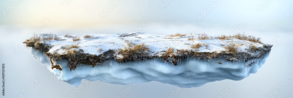 Poster a floating island with snow and grass, creating a surreal and dreamlike landscape.