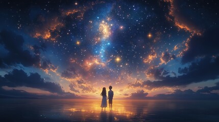 Obraz premium The sky is full of stars, a girl and a guy are standing on the beach and looking at them, the sea breeze is fluttering her dress. Anime style