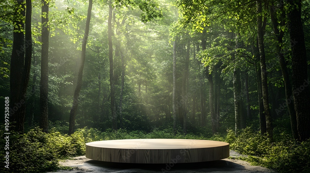 Poster 28. a deep forest path with a smooth wooden podium in a secluded glade, the forest canopy casting a 