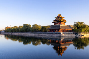 Fototapeta premium Beautiful water reflection of Forbidden City Corner Tower or Jiaolou in Beijing