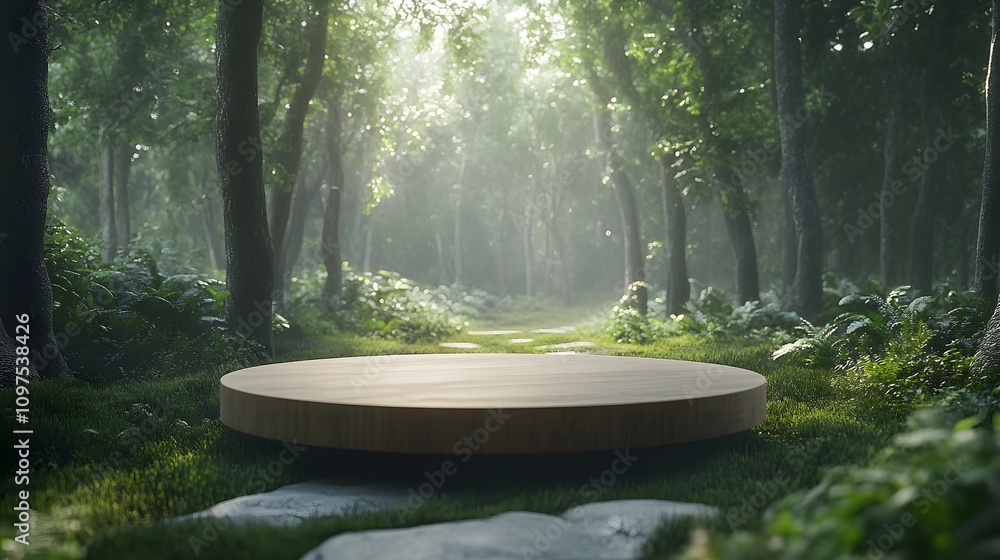 Poster 28. a deep forest path with a smooth wooden podium in a secluded glade, the forest canopy casting a 