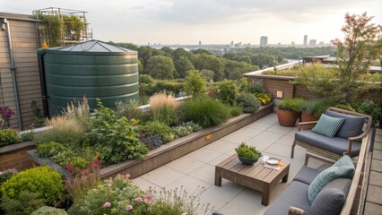 Obraz premium A rooftop terrace equipped with a garden and rainwater catchment feature.