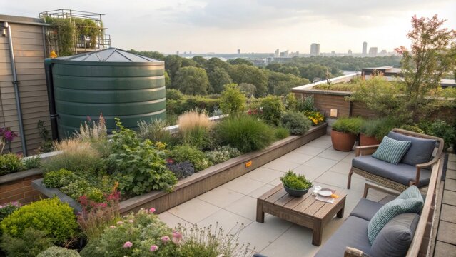 A rooftop terrace equipped with a garden and rainwater catchment feature.