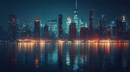 Obraz premium Night Cityscape Reflection: A mesmerizing view of a city skyline reflecting on calm waters at night. 