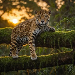 Obraz premium A jaguar resting on a moss-covered branch above a glistening Amazon river under a golden sunset.
