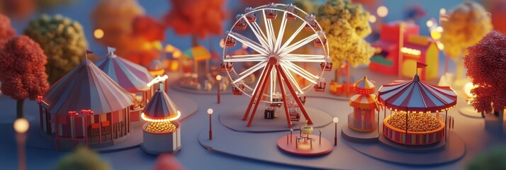 A vibrant carnival scene featuring a Ferris wheel, tents, and colorful trees.